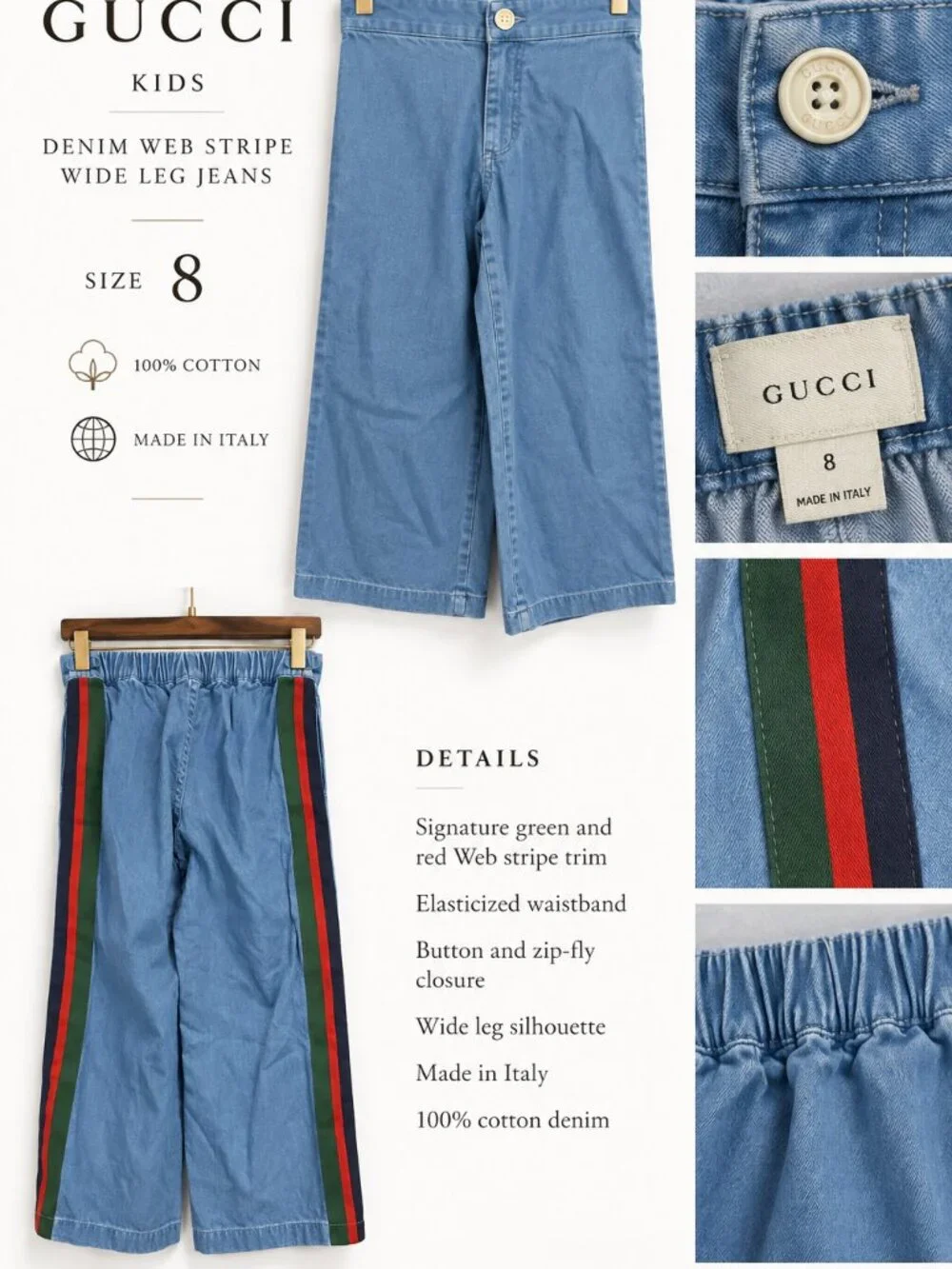 Gucci Kids Blue Denim Web Stripe Wide Leg Jeans Size 8